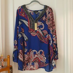 NWT 1X Melissa Paige Women's Blue Paisley 3/4 Sleeve See Thru Blouse Tunic Top